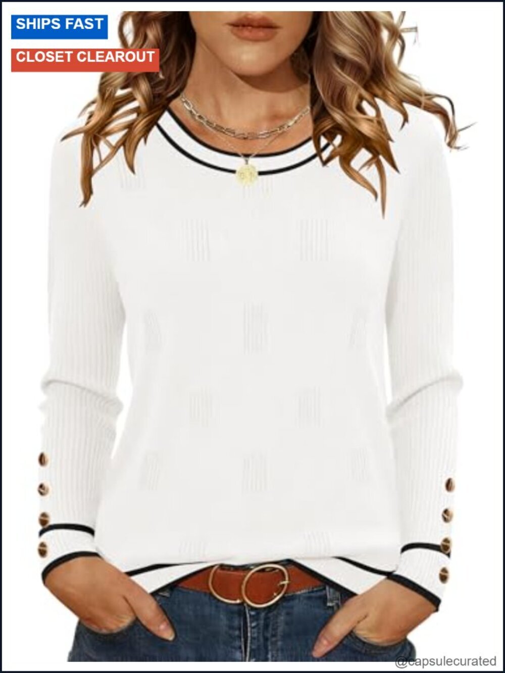 Womens Long Sleeve Crew Neck Lightweight Knit Pullover Sweater with Decorative